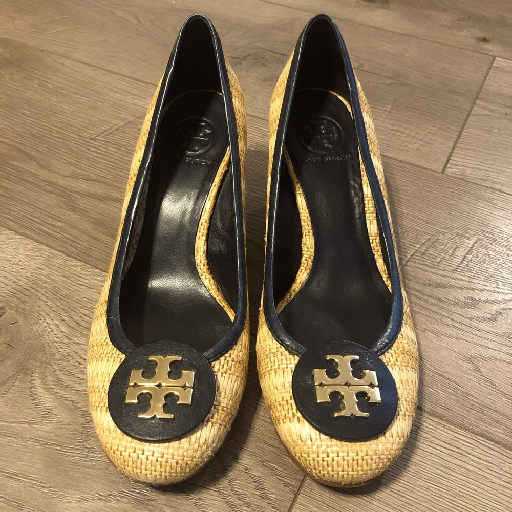 Tory Burch Navy Leather Sally Raffia Shoes